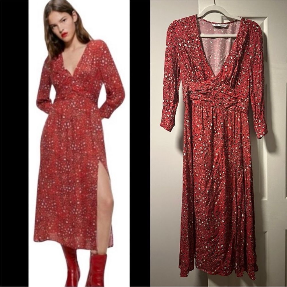 Zara Red Leopard Print Midi Dress Women’s Sz‎ M Bodycon 3/4 Sleeve Boho